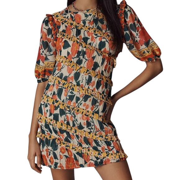 Farm Rio for Anthropologie Puff-Sleeve Fitted Mini-Dress NWT sz S Floral Ruffled - Picture 2 of 12